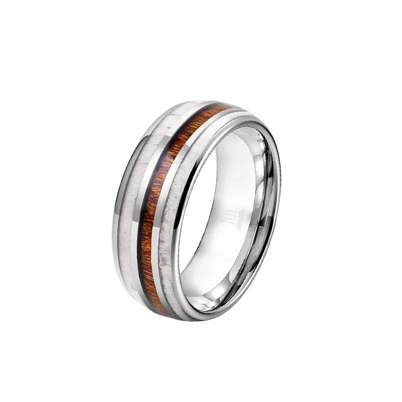 Hawaiian Koa Wood Rings for Men Wedding Band Tungsten Ring with Deer Antler Inlay 8mm Polished Silver with Comfort Fit Sizing Unique Rustic Hunting Gifts for Him