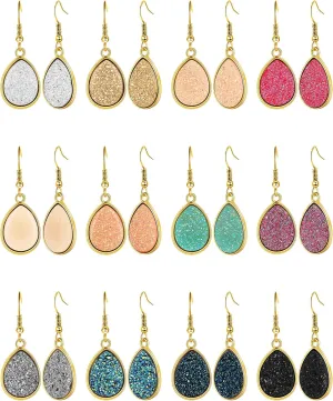 Hicarer 12 Pairs Faux Druzy Drop Earrings Crystal Pendant Dangle Multicolor Stainless Steel Earrings for Women