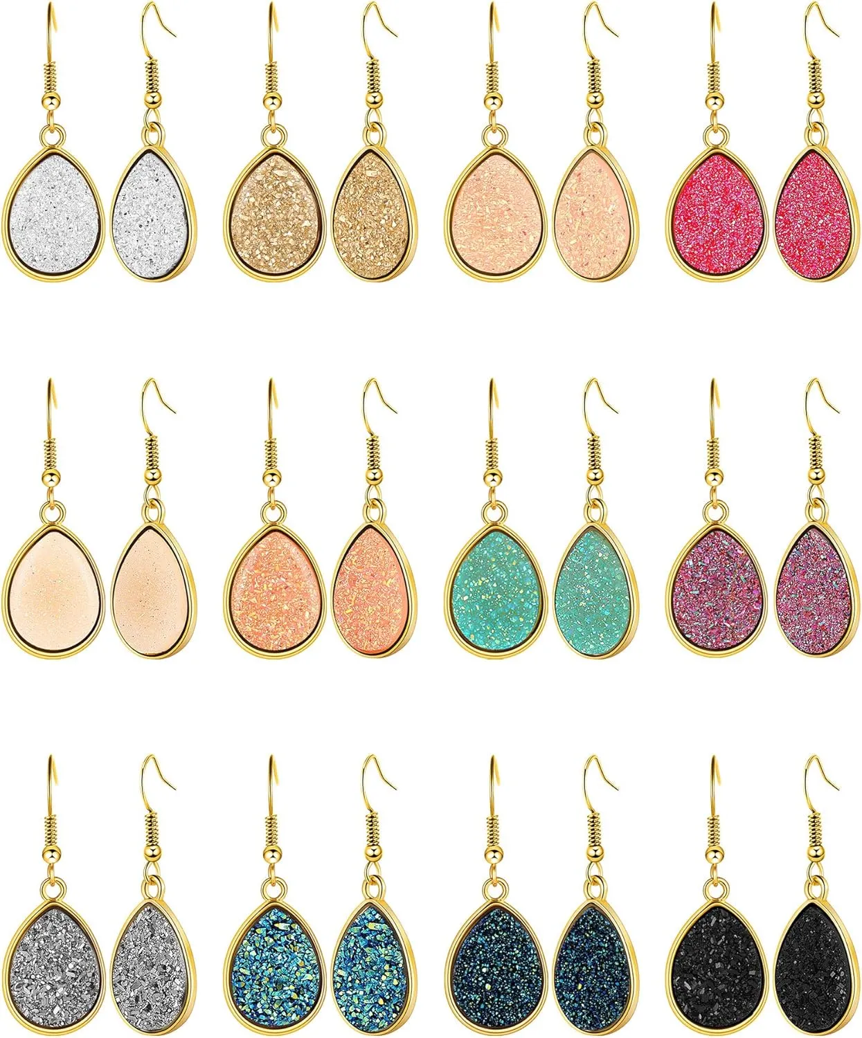 Hicarer 12 Pairs Faux Druzy Drop Earrings Crystal Pendant Dangle Multicolor Stainless Steel Earrings for Women