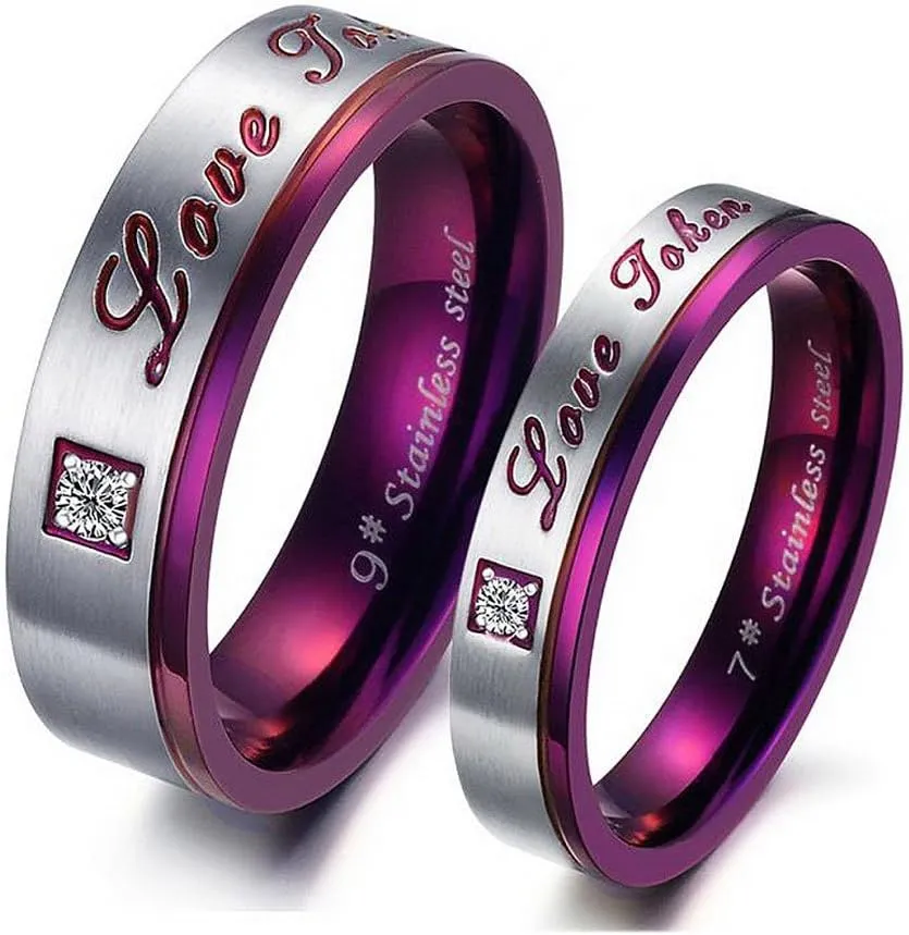 His and Hers Unique Purple Stainless Steel Love Token Zircon Couple Rings Set Wedding Engagement Band