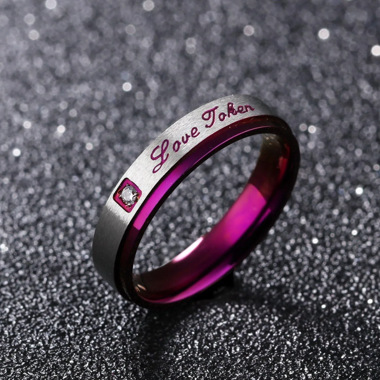 His and Hers Unique Purple Stainless Steel Love Token Zircon Couple Rings Set Wedding Engagement Band