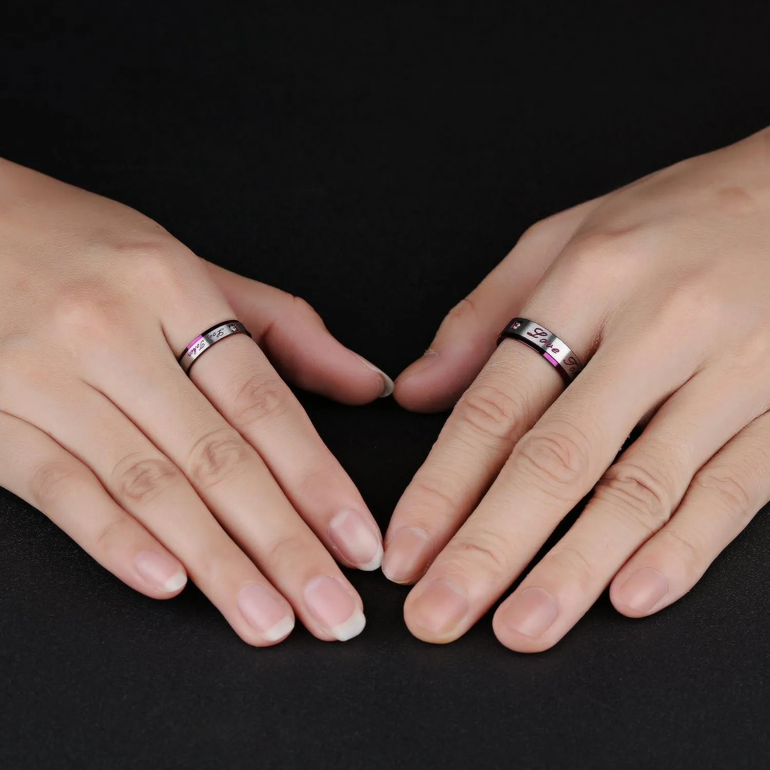 His and Hers Unique Purple Stainless Steel Love Token Zircon Couple Rings Set Wedding Engagement Band