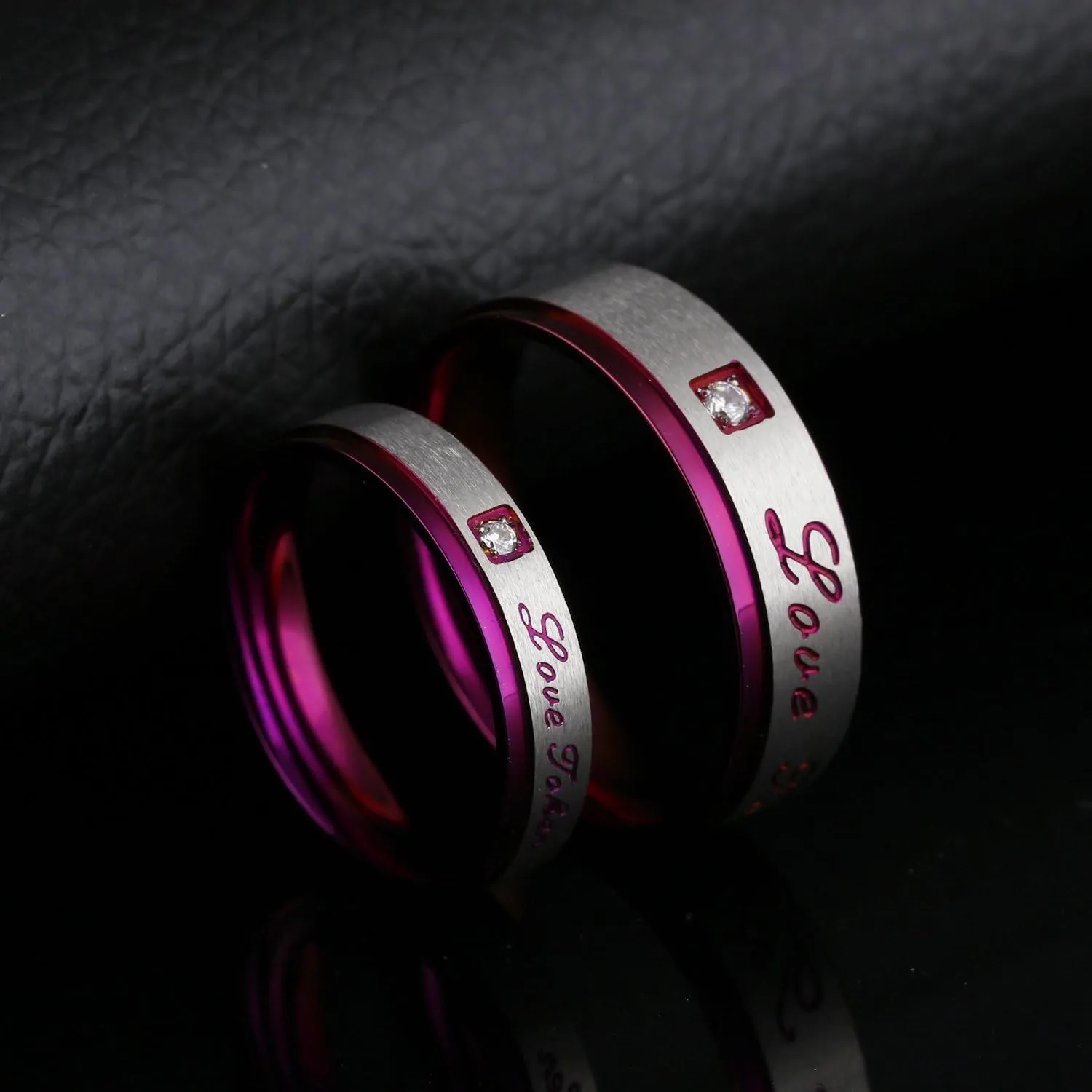 His and Hers Unique Purple Stainless Steel Love Token Zircon Couple Rings Set Wedding Engagement Band