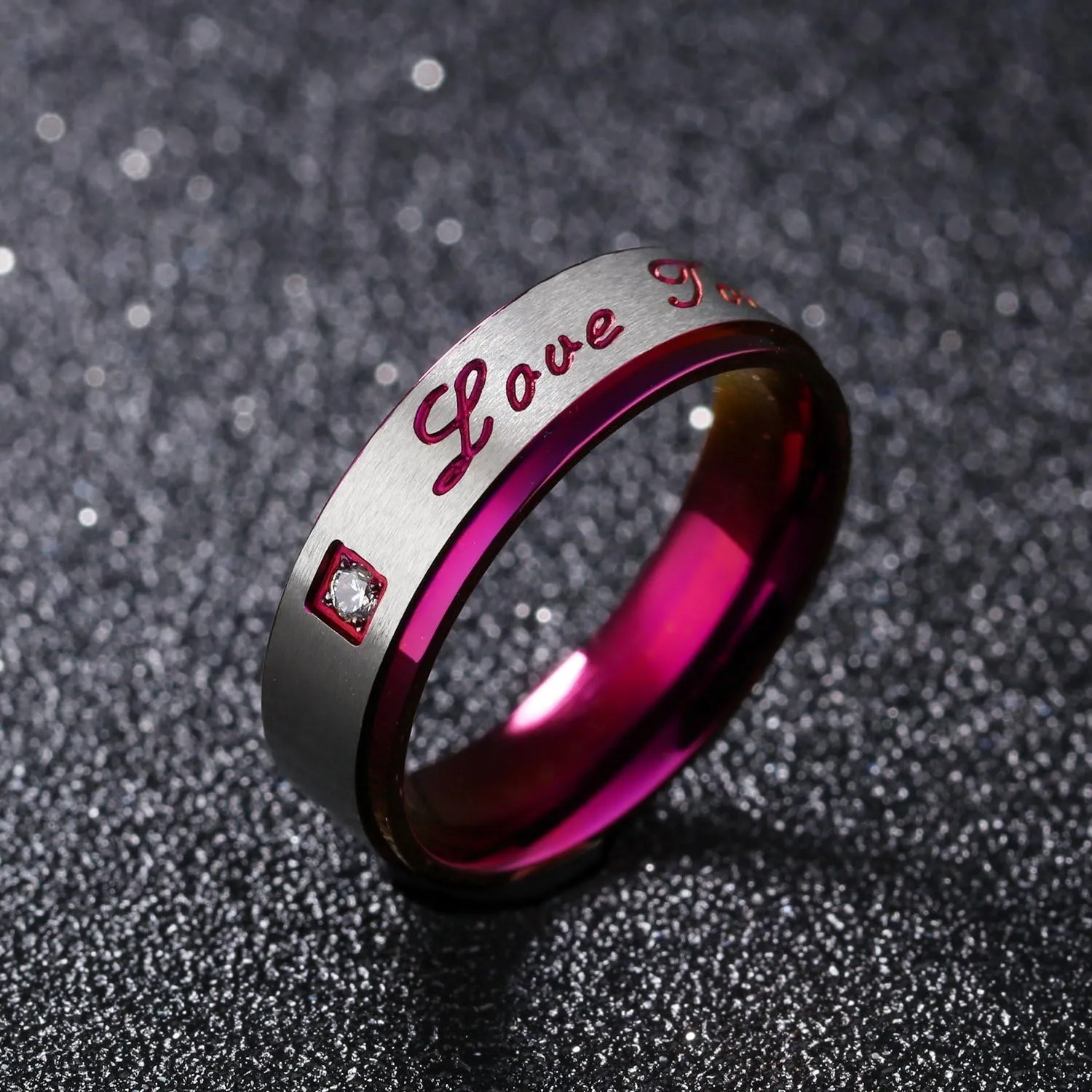 His and Hers Unique Purple Stainless Steel Love Token Zircon Couple Rings Set Wedding Engagement Band