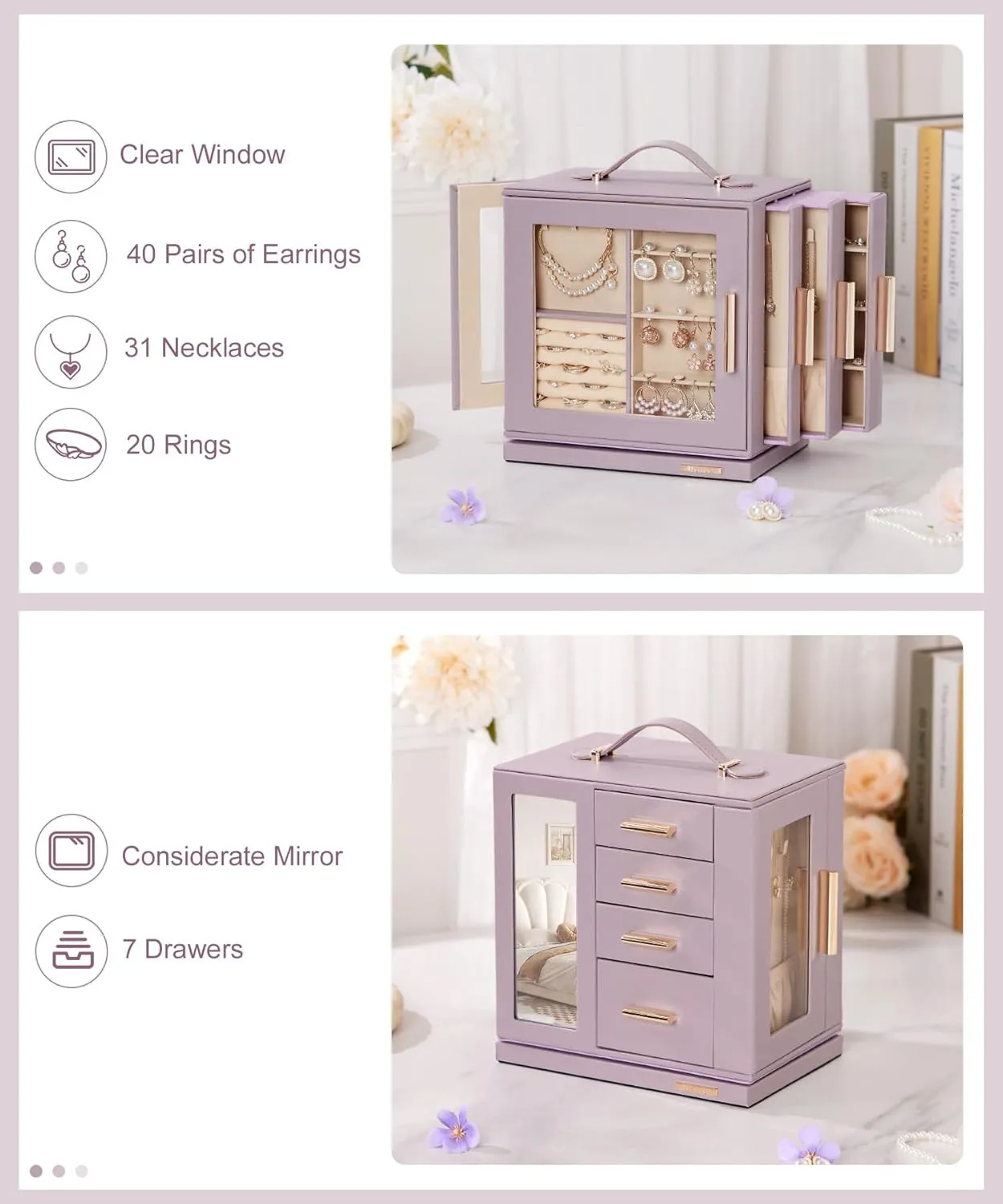 Homde Jewelry Box 360 Rotating, Necklace Earring Organizer with Transparent Window, Mirror, 7 Drawers, Large Ring Display Storage Case for Girls Women (Grey Purple)