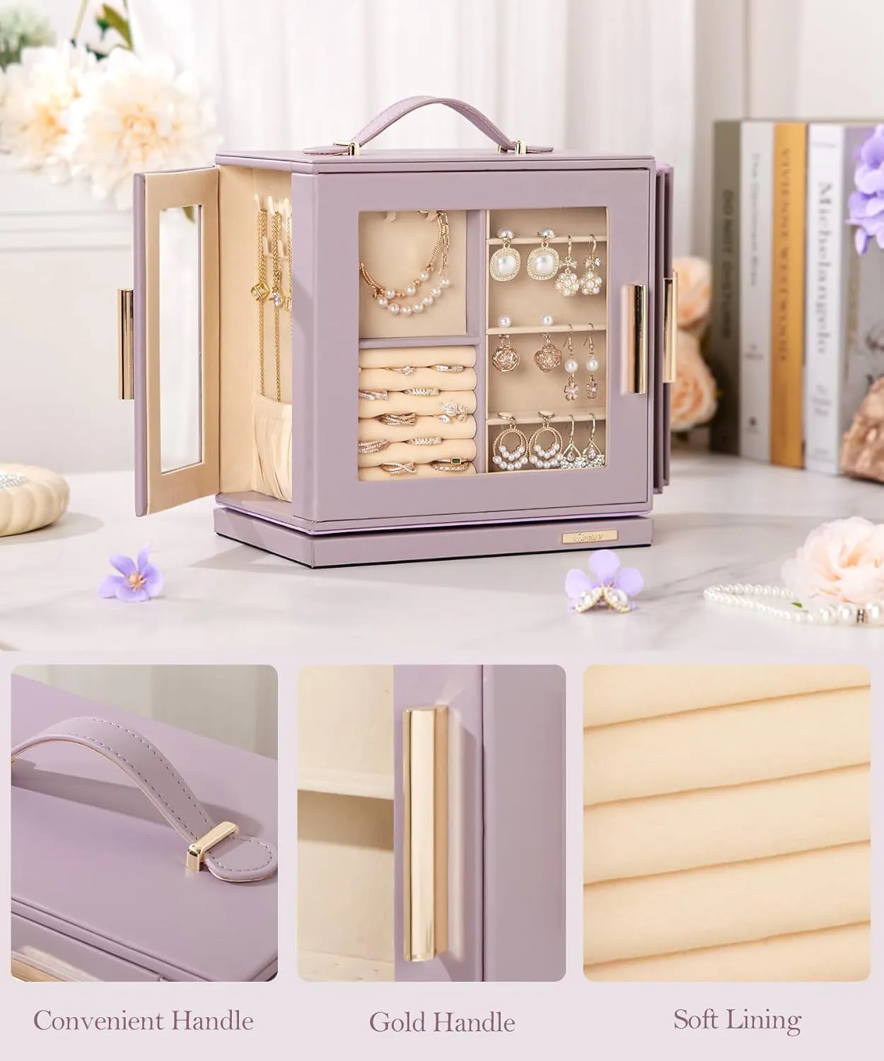 Homde Jewelry Box 360 Rotating, Necklace Earring Organizer with Transparent Window, Mirror, 7 Drawers, Large Ring Display Storage Case for Girls Women (Grey Purple)