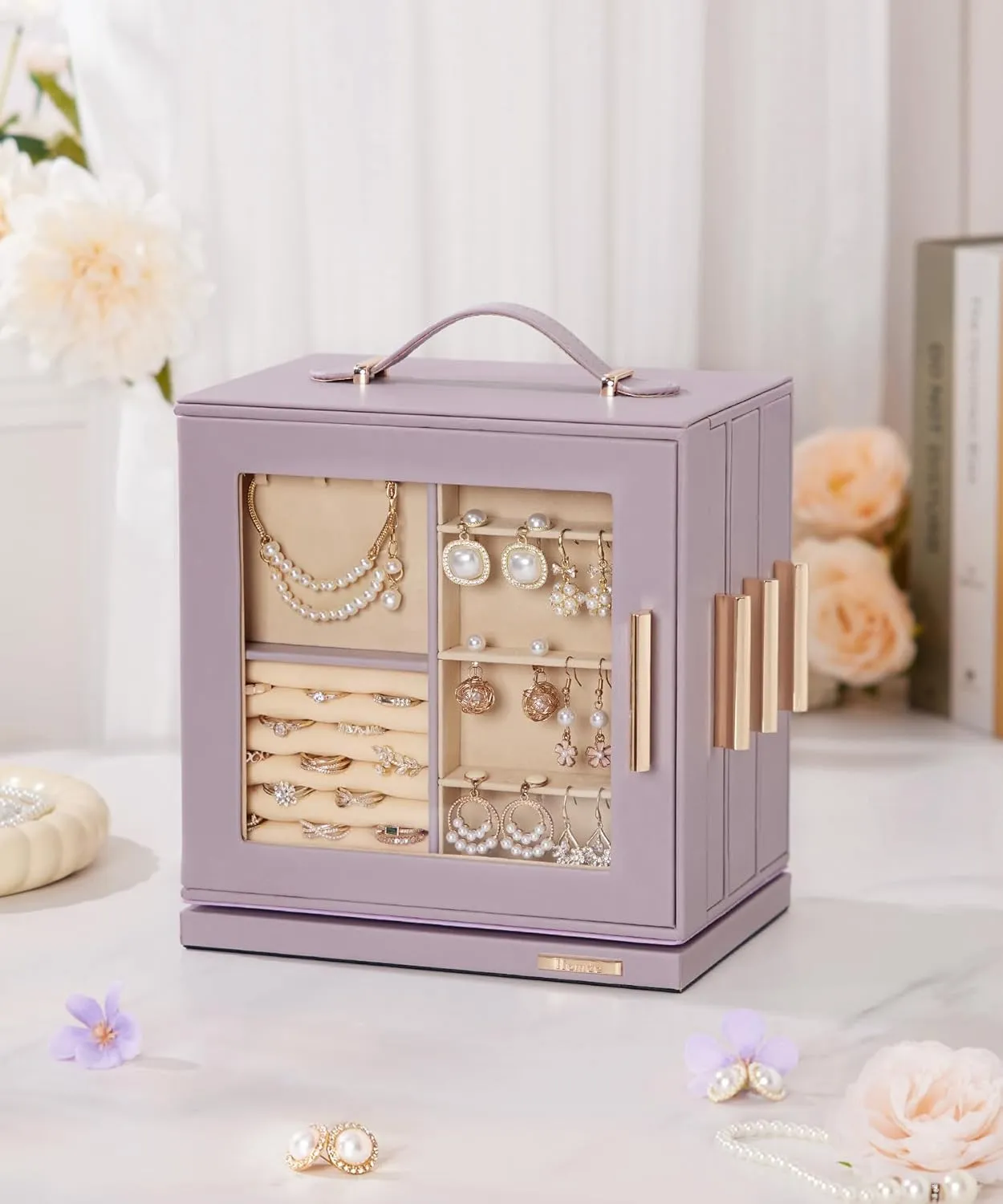 Homde Jewelry Box 360 Rotating, Necklace Earring Organizer with Transparent Window, Mirror, 7 Drawers, Large Ring Display Storage Case for Girls Women (Grey Purple)