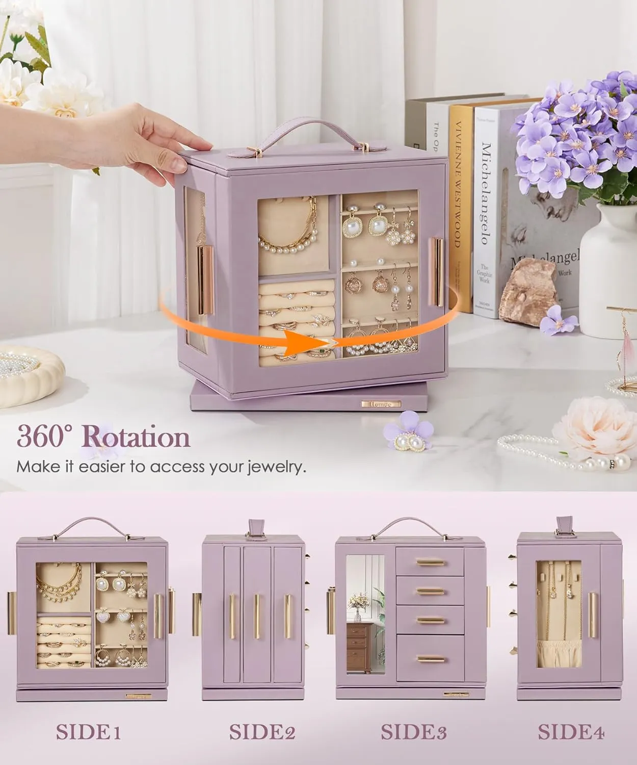 Homde Jewelry Box 360 Rotating, Necklace Earring Organizer with Transparent Window, Mirror, 7 Drawers, Large Ring Display Storage Case for Girls Women (Grey Purple)
