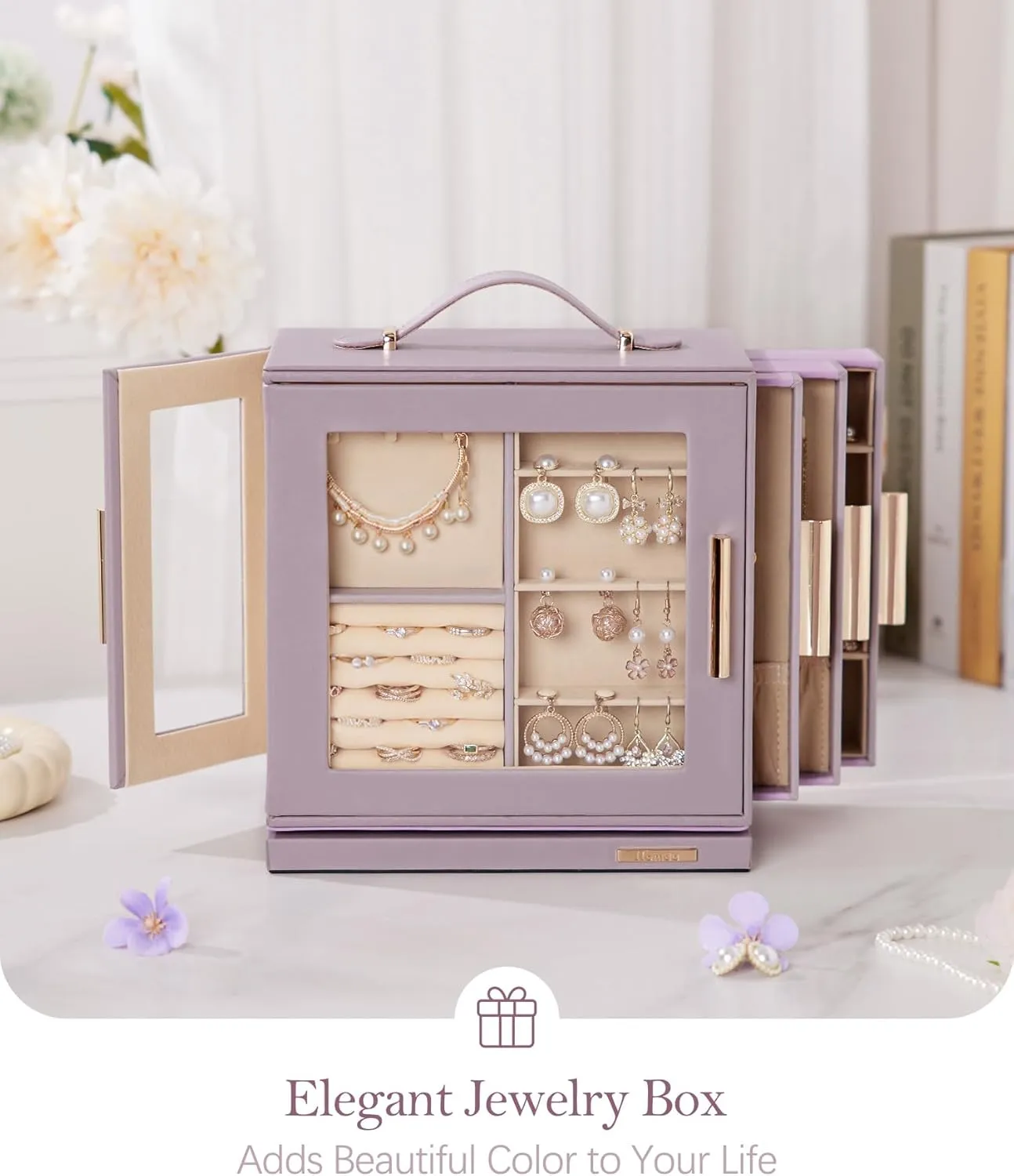 Homde Jewelry Box 360 Rotating, Necklace Earring Organizer with Transparent Window, Mirror, 7 Drawers, Large Ring Display Storage Case for Girls Women (Grey Purple)