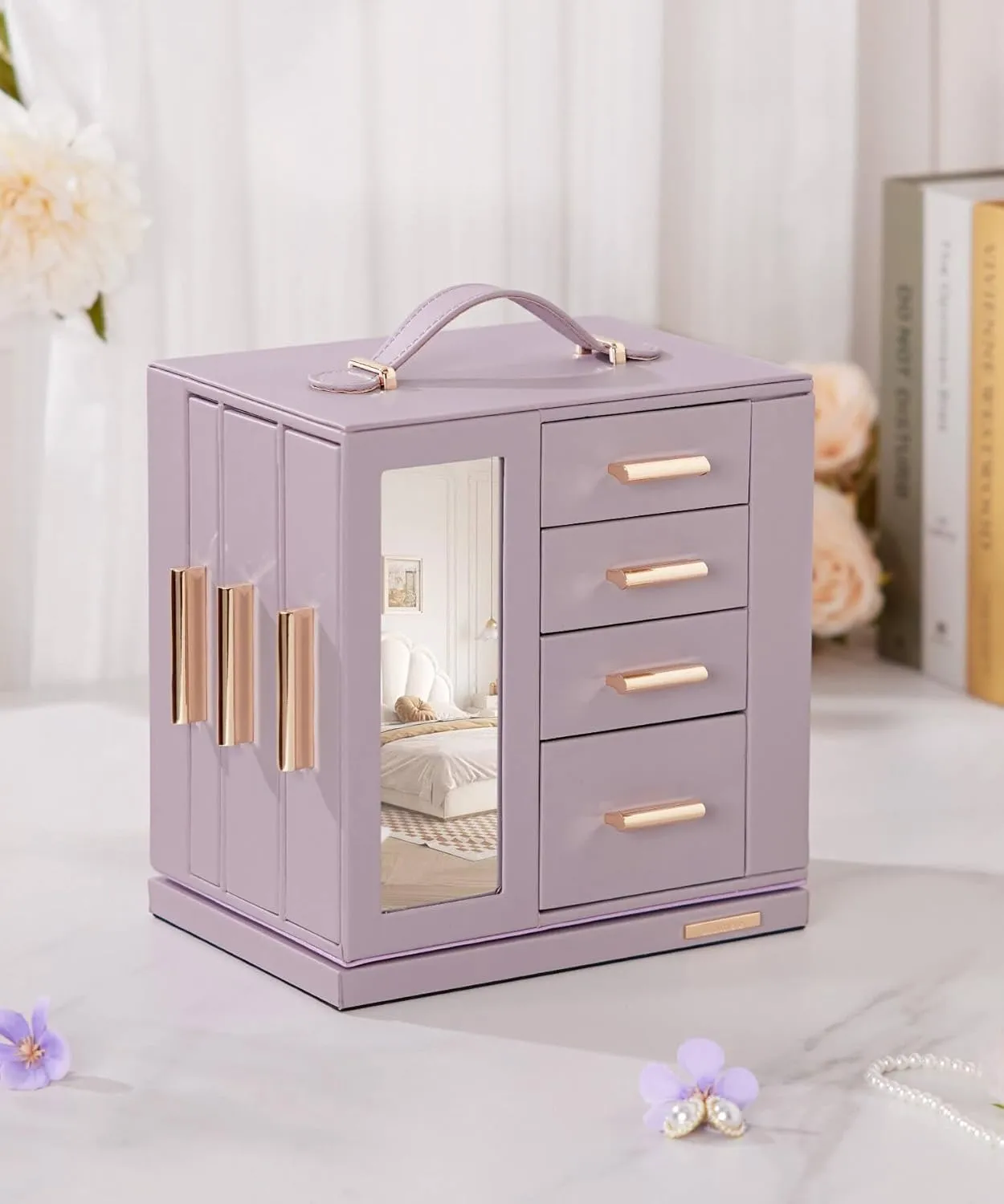 Homde Jewelry Box 360 Rotating, Necklace Earring Organizer with Transparent Window, Mirror, 7 Drawers, Large Ring Display Storage Case for Girls Women (Grey Purple)