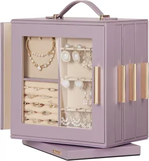 Homde Jewelry Box 360 Rotating, Necklace Earring Organizer with Transparent Window, Mirror, 7 Drawers, Large Ring Display Storage Case for Girls Women (Grey Purple)