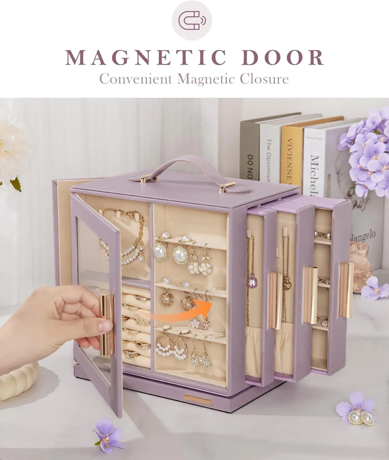 Homde Jewelry Box 360 Rotating, Necklace Earring Organizer with Transparent Window, Mirror, 7 Drawers, Large Ring Display Storage Case for Girls Women (Grey Purple)