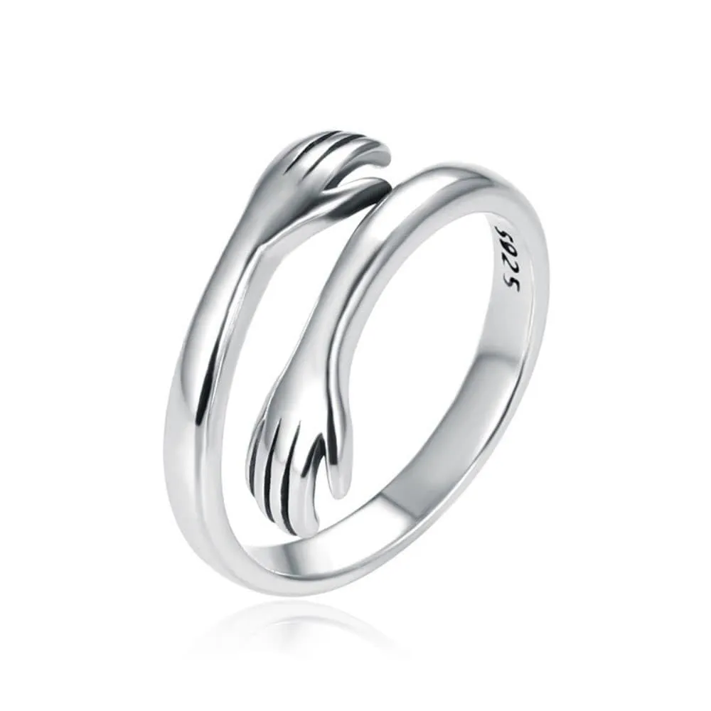 Hug Ring Adjustable 925 Sterling Silver Stackable Ring Engagement Vintage Finger Love Promise Ring Silver Couples Wedding Friendship Rings for Women Girl Jewelry (Silver)