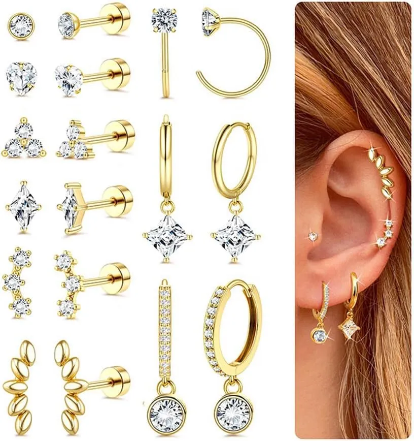 Hypoallergenic Gold Huggie Hoop Earrings Flat Back Earrings for Women Men Stainless Steel Cartilage Hoop Stud Earring Set for Multiple Piercing Small Flatback Tragus Helix Piercing Jewelry for Sensitive Ears