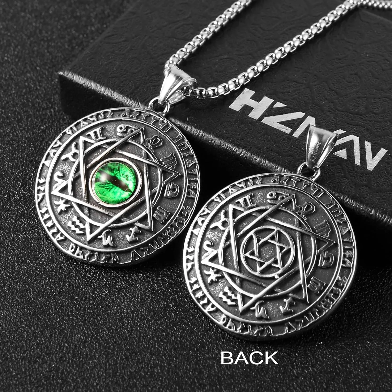 HZMAN Green Eyes Talisman Seal Solomon Six-pointed Star 12 Constellation Pendant Stainless Steel Necklaces
