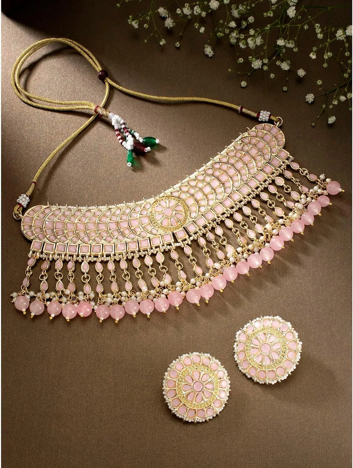 I Jewels Gold Plated Indian Wedding Bollywood Kundan & Pearl Studded Choker Necklace Jewellery Set For Women (K7210-1)