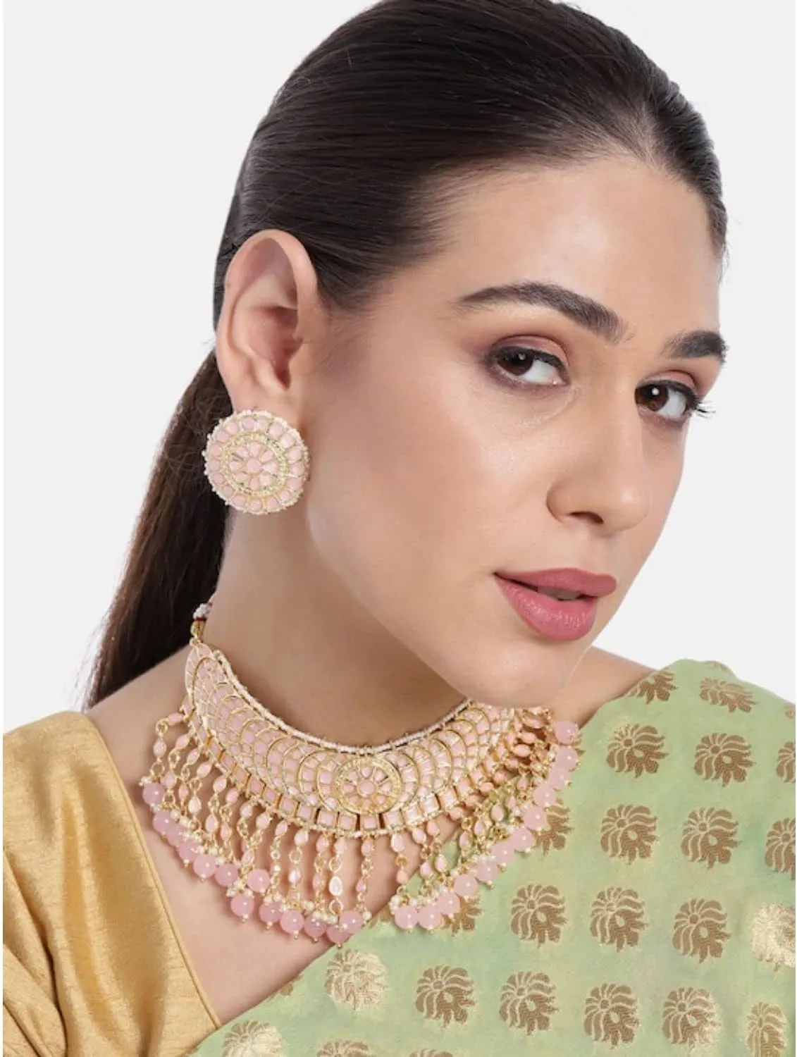 I Jewels Gold Plated Indian Wedding Bollywood Kundan & Pearl Studded Choker Necklace Jewellery Set For Women (K7210-1)