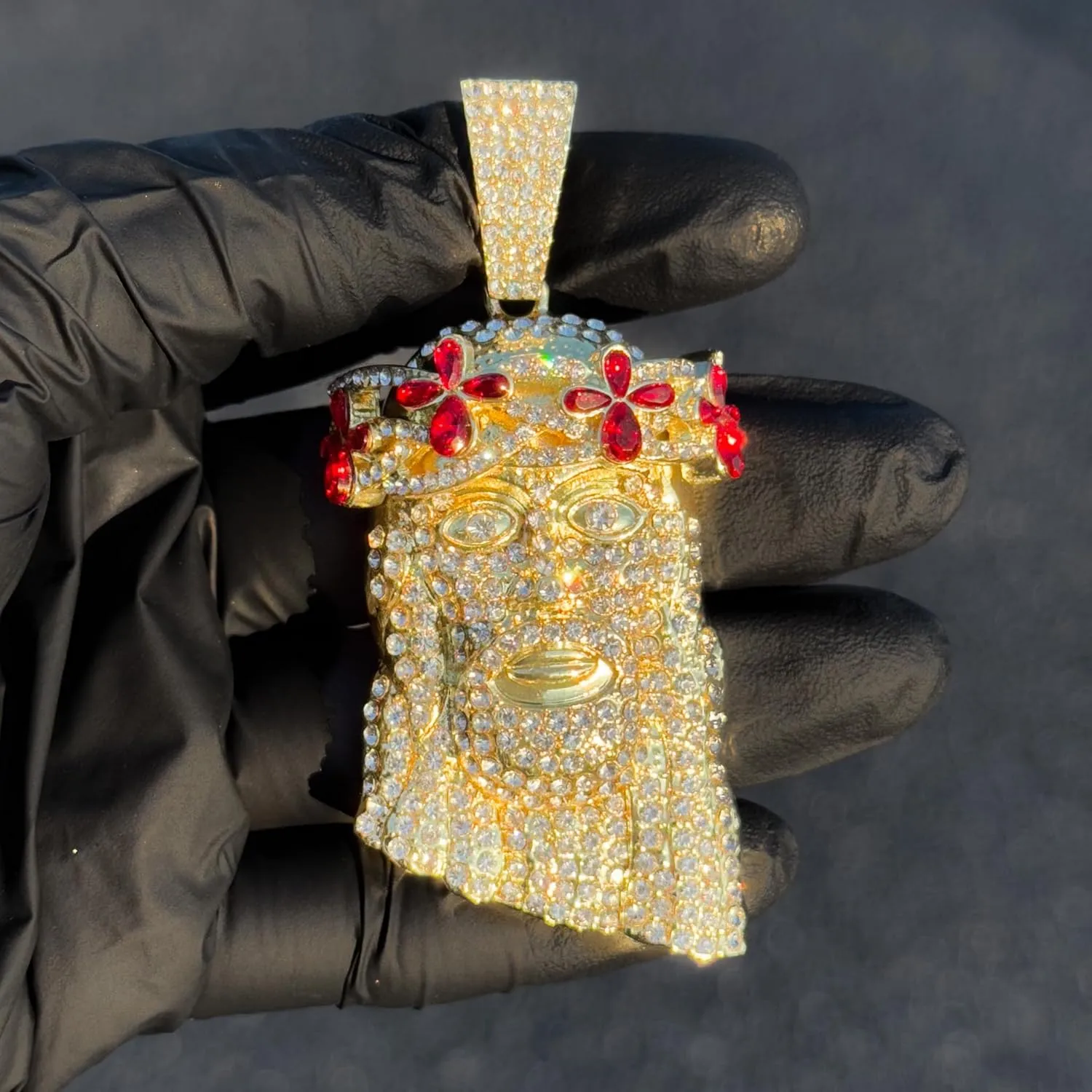 ICE STAR Men's Iced-Out Floral Crown Jesus Pendant Necklace with 24" Rope Chain - Hip-Hop Jewelry with Simulated Crystals