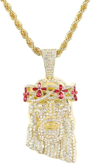 ICE STAR Men's Iced-Out Floral Crown Jesus Pendant Necklace with 24" Rope Chain - Hip-Hop Jewelry with Simulated Crystals