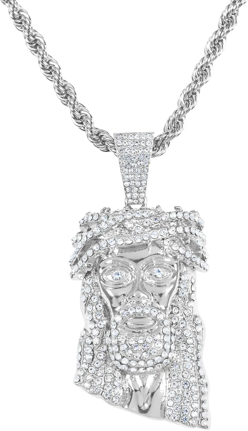 ICE STAR Men's Iced-Out Thorn Crown Jesus Pendant Necklace with 24" Rope Chain - Hip-Hop Jewelry with Simulated Crystals