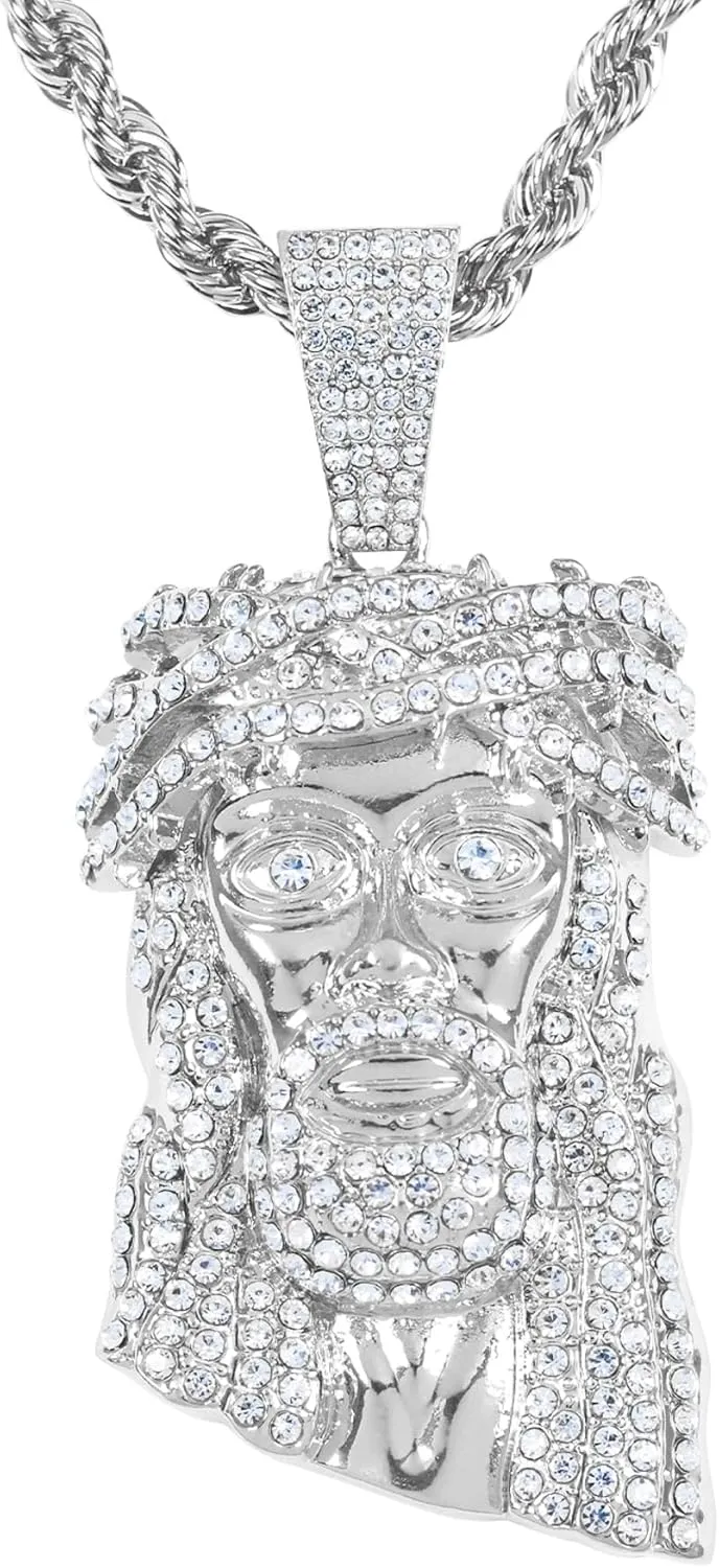 ICE STAR Men's Iced-Out Thorn Crown Jesus Pendant Necklace with 24" Rope Chain - Hip-Hop Jewelry with Simulated Crystals