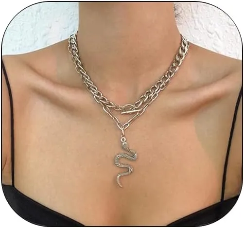 INENIMARTJ Chunky Snake Necklace Layered Gold Snake Pendant Necklaces Punk Vintage Cuban Chain Snake Jewelry