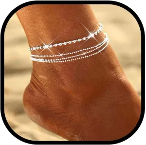 JEWEKY Layered Rhinestone Ankle Bracelets Silver Beaded Anklets Summer Beach Foot Jewelry for Women
