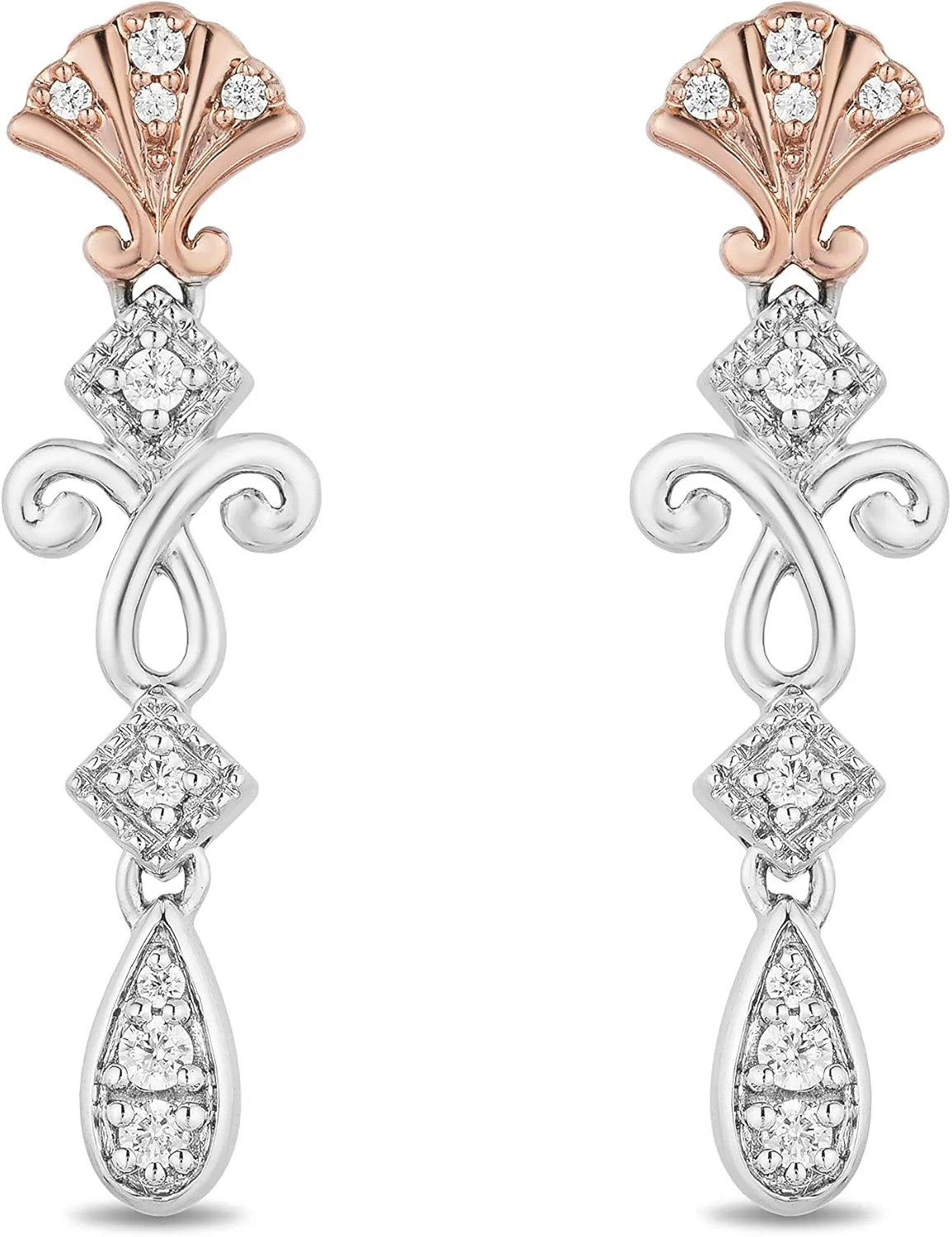 Jewelili Enchanted Disney Fine Jewelry 14K Rose Gold over Sterling Silver 1/6 CTTW Diamond Ariel Shell Earring