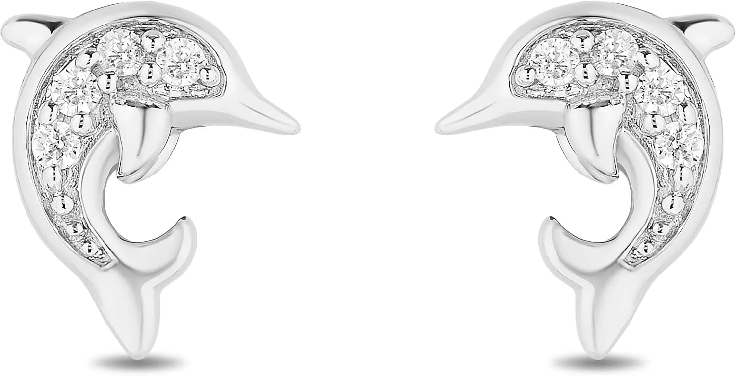 Jewelili Hallmark Fine Jewelry Playful Dolphins in Sterling Silver With Diamonds