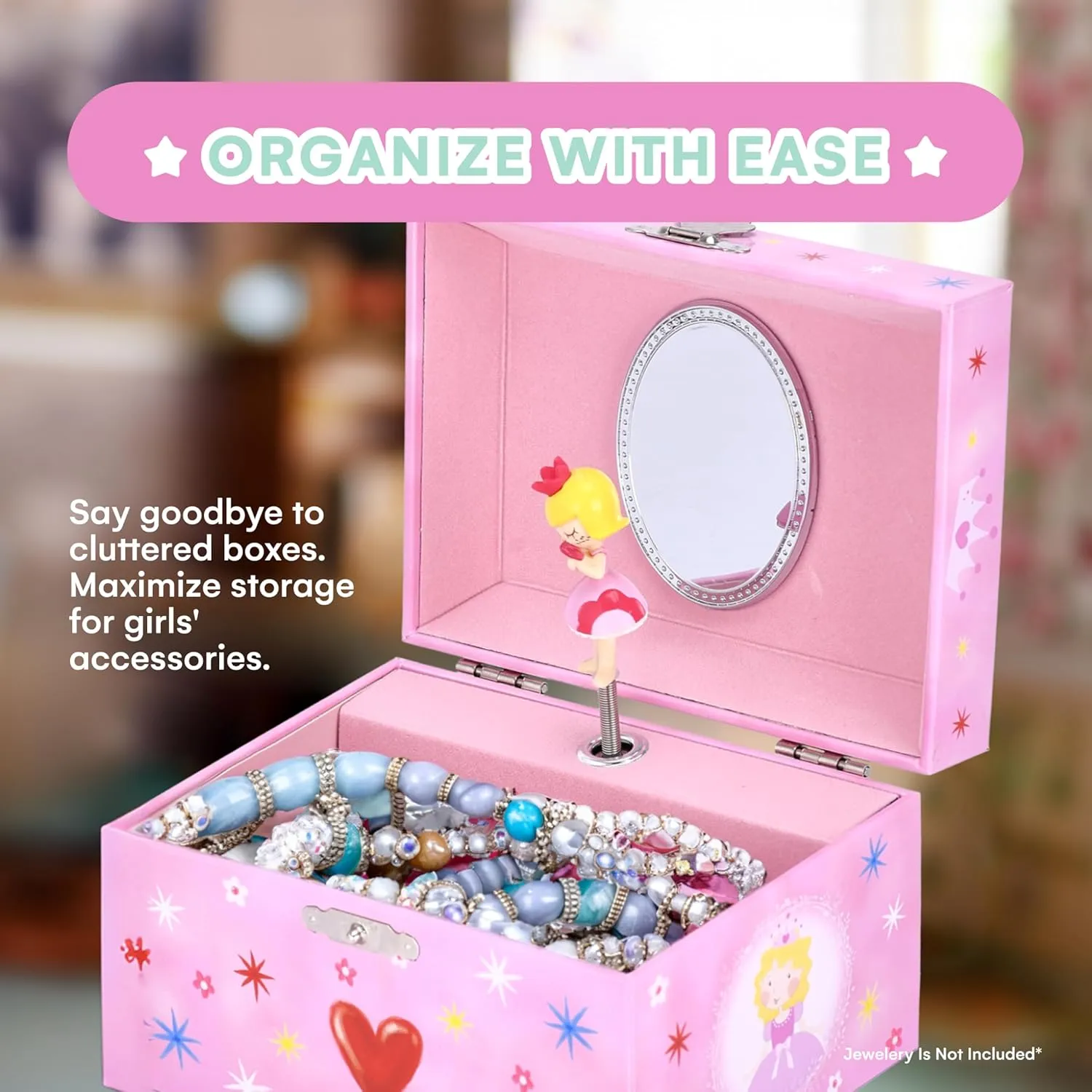 Jewelkeeper Musical Jewelry Box for Girls - Heart Princess - Ballerina Design with Classic Music - Storage Holder with Secure Drawer for Necklace, Rings, Earrings, Bracelets - 3.1"Hx5.5"Lx3.9"W, Pink