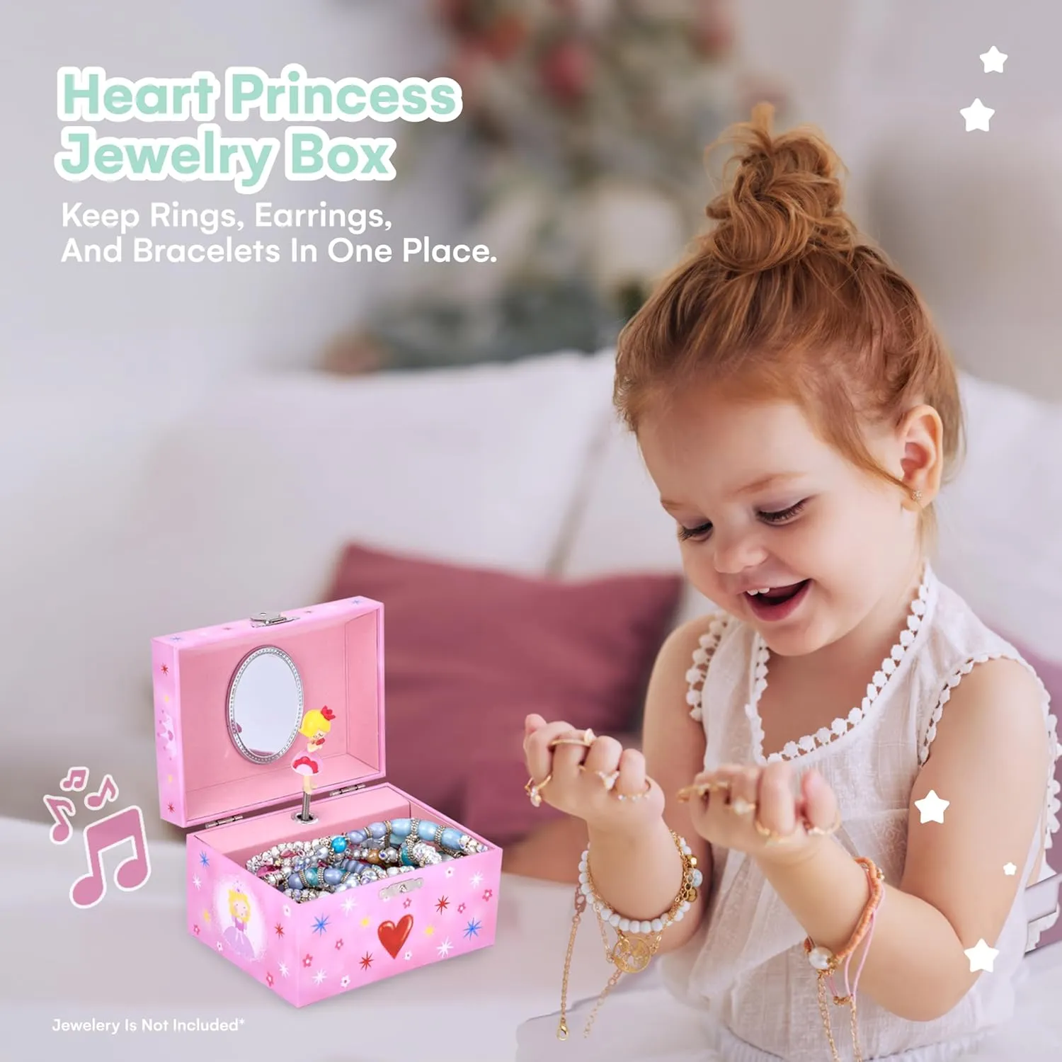 Jewelkeeper Musical Jewelry Box for Girls - Heart Princess - Ballerina Design with Classic Music - Storage Holder with Secure Drawer for Necklace, Rings, Earrings, Bracelets - 3.1"Hx5.5"Lx3.9"W, Pink