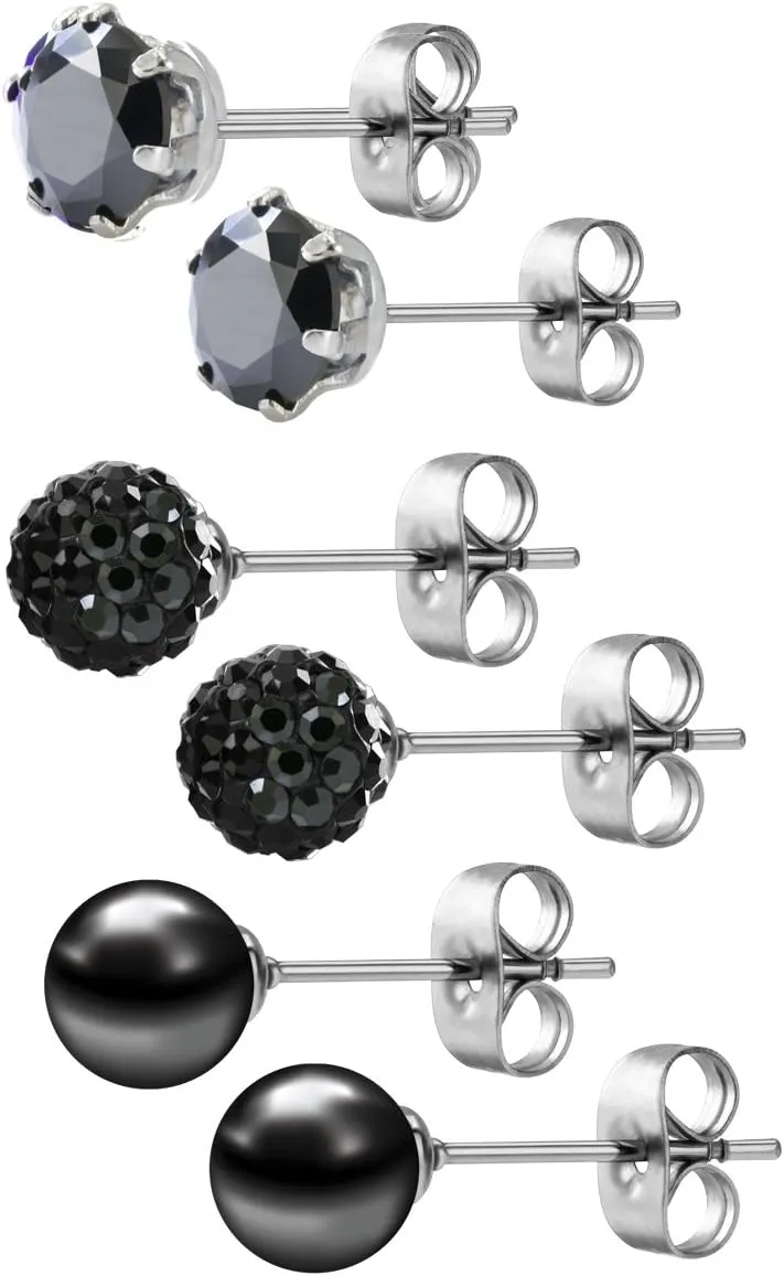 JEWELRIESHOP Birthstone Studs Earring Set Cubic Zirconia Rhinestones Crystal Ball Faux Pearl Stainless Steel Stud Earrings for Women Girl Jewelry Gift (6mm Round,3 Pairs)