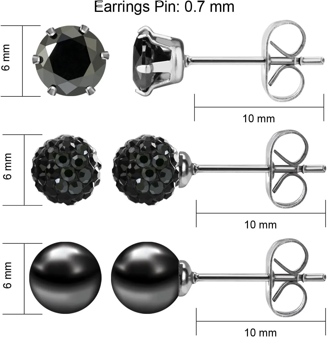 JEWELRIESHOP Birthstone Studs Earring Set Cubic Zirconia Rhinestones Crystal Ball Faux Pearl Stainless Steel Stud Earrings for Women Girl Jewelry Gift (6mm Round,3 Pairs)
