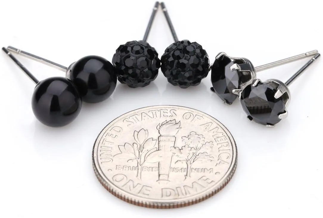 JEWELRIESHOP Birthstone Studs Earring Set Cubic Zirconia Rhinestones Crystal Ball Faux Pearl Stainless Steel Stud Earrings for Women Girl Jewelry Gift (6mm Round,3 Pairs)