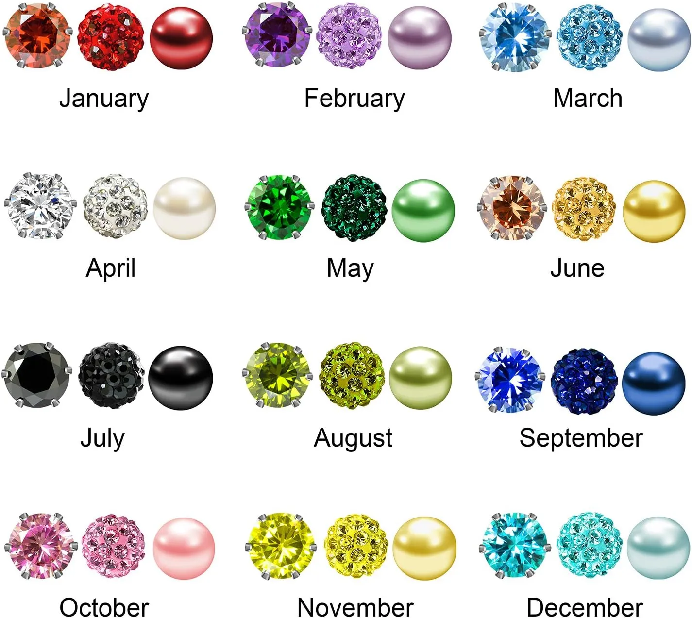 JEWELRIESHOP Birthstone Studs Earring Set Cubic Zirconia Rhinestones Crystal Ball Faux Pearl Stainless Steel Stud Earrings for Women Girl Jewelry Gift (6mm Round,3 Pairs)