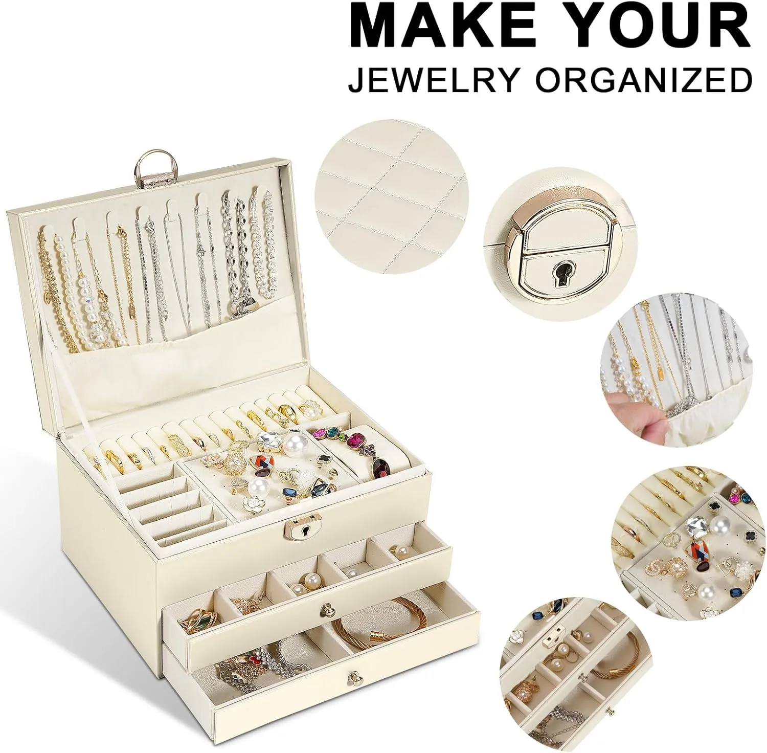 Jewelry Box for Women Girl Wife 3 Layers Large PU Leather Jewelry Organizer Storage Case with Two drawers Display for Earrings Bracelets Rings Watches (Apricot)