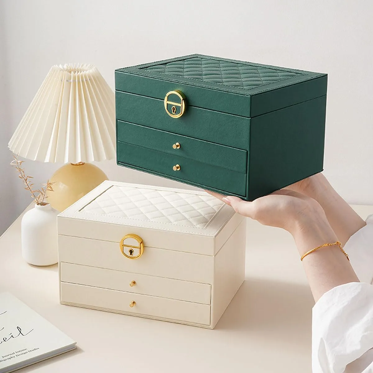 Jewelry Box for Women Girl Wife 3 Layers Large PU Leather Jewelry Organizer Storage Case with Two drawers Display for Earrings Bracelets Rings Watches (Apricot)