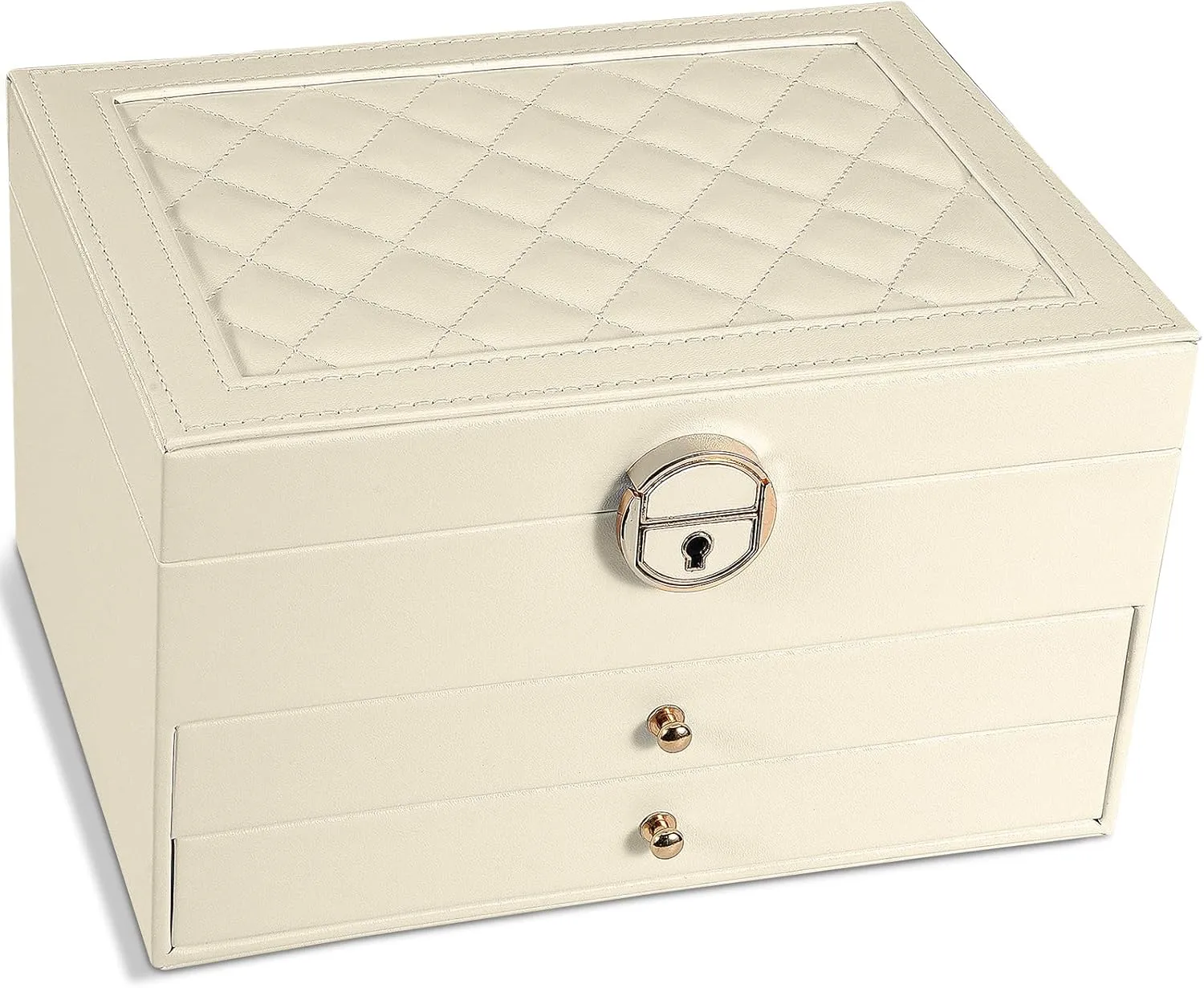Jewelry Box for Women Girl Wife 3 Layers Large PU Leather Jewelry Organizer Storage Case with Two drawers Display for Earrings Bracelets Rings Watches (Apricot)