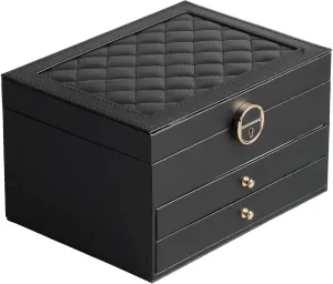 Jewelry Box for Women Girl Wife 3 Layers Large PU Leather Jewelry Organizer Storage Case with Two drawers Display for Earrings Bracelets Rings Watches (Black)