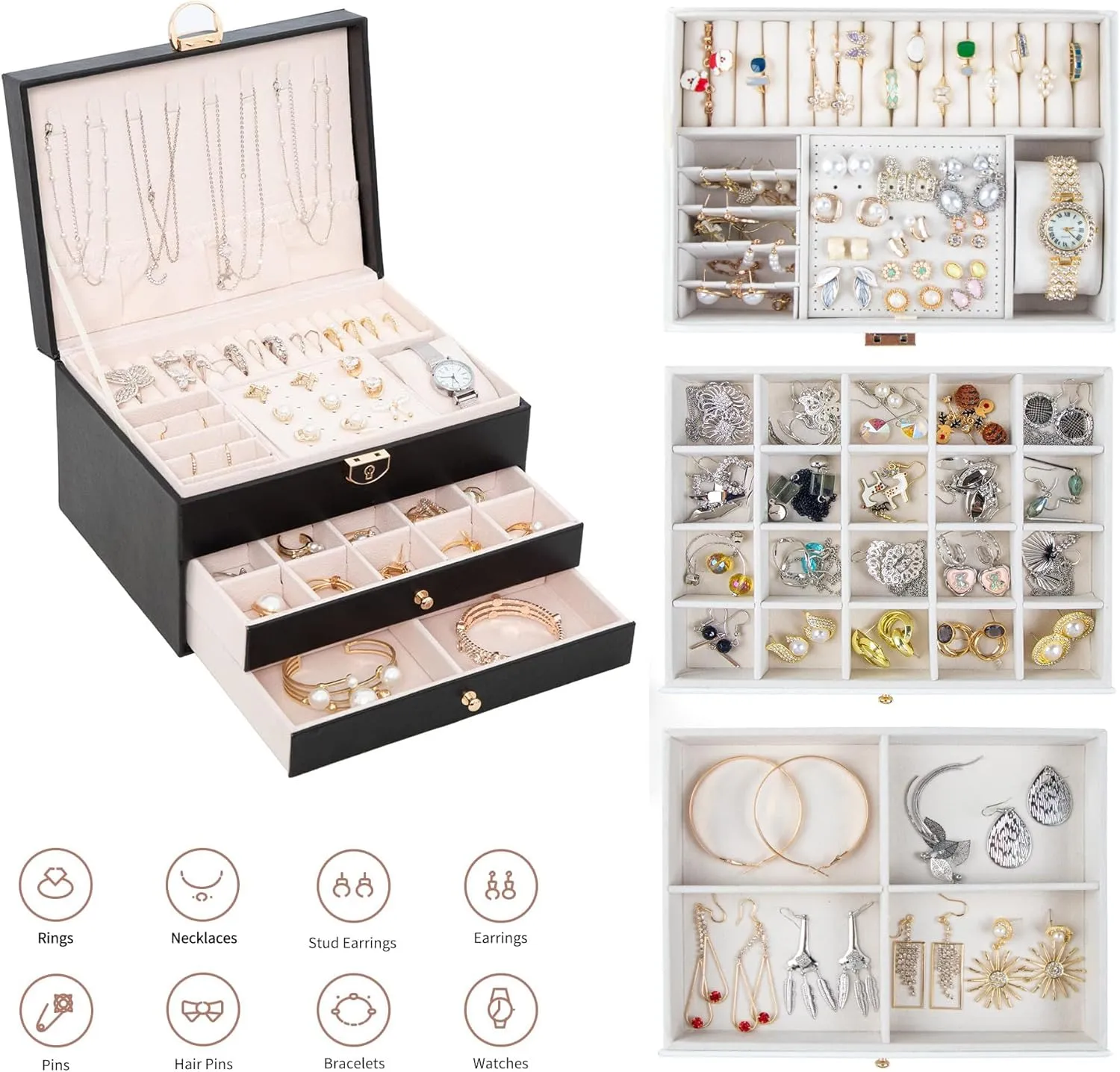 Jewelry Box for Women Girl Wife 3 Layers Large PU Leather Jewelry Organizer Storage Case with Two drawers Display for Earrings Bracelets Rings Watches (Black)