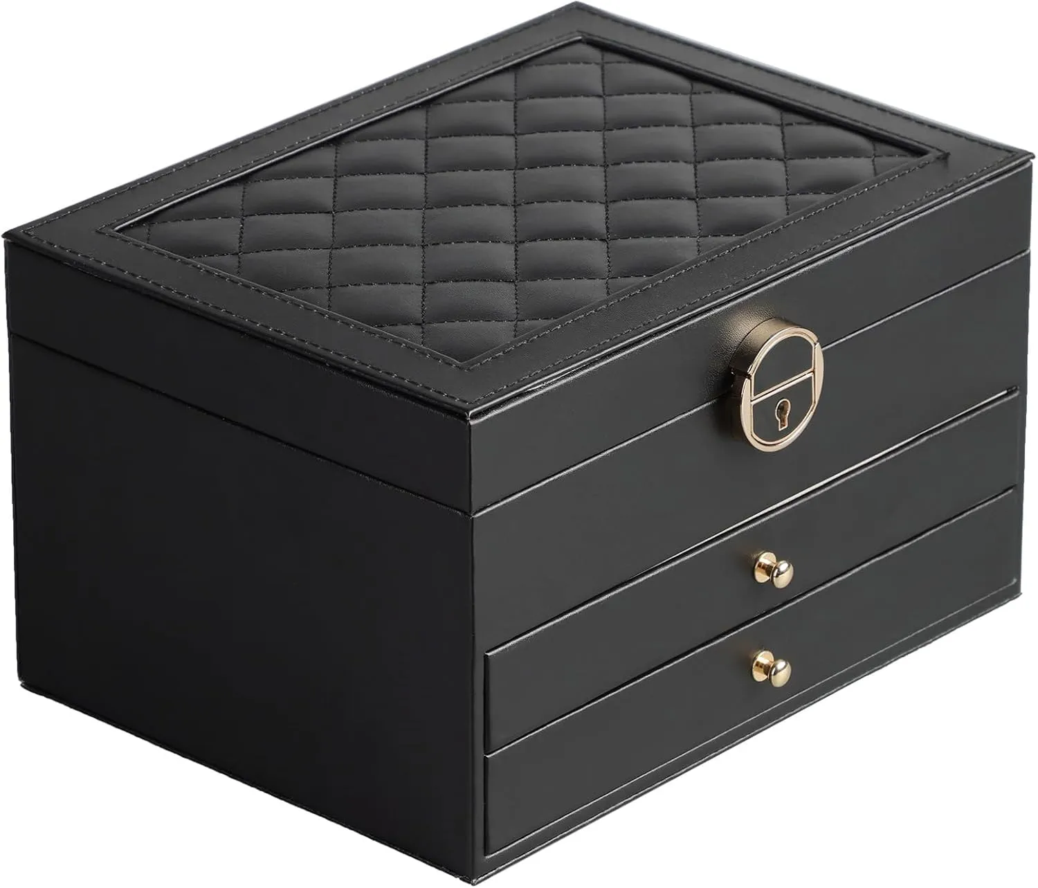 Jewelry Box for Women Girl Wife 3 Layers Large PU Leather Jewelry Organizer Storage Case with Two drawers Display for Earrings Bracelets Rings Watches (Black)