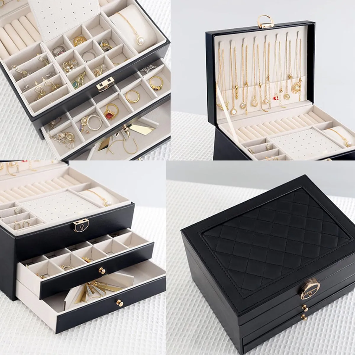 Jewelry Box for Women Girl Wife 3 Layers Large PU Leather Jewelry Organizer Storage Case with Two drawers Display for Earrings Bracelets Rings Watches (Black)