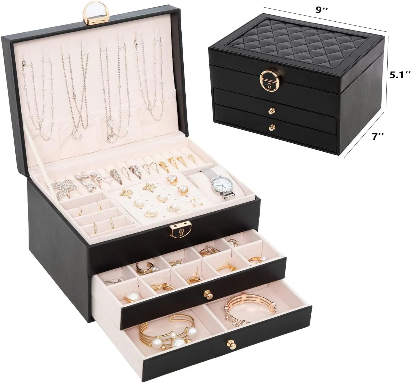 Jewelry Box for Women Girl Wife 3 Layers Large PU Leather Jewelry Organizer Storage Case with Two drawers Display for Earrings Bracelets Rings Watches (Black)