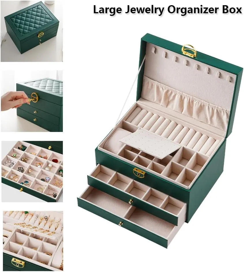 Jewelry Box for Women Girl Wife 3 Layers Large PU Leather Jewelry Organizer Storage Case with Two Layers Display for Earrings Bracelets Rings Watches (Green)
