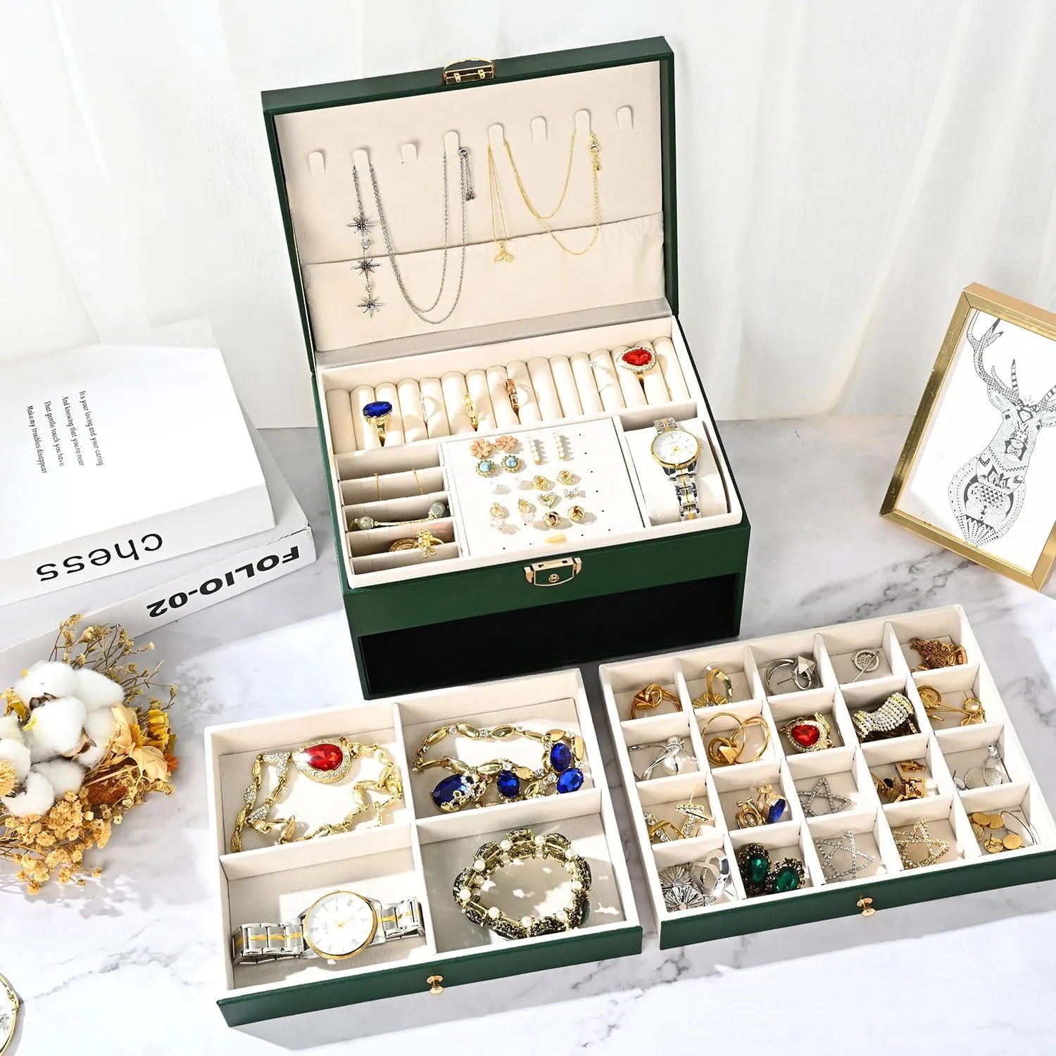 Jewelry Box for Women Girl Wife 3 Layers Large PU Leather Jewelry Organizer Storage Case with Two Layers Display for Earrings Bracelets Rings Watches (Green)