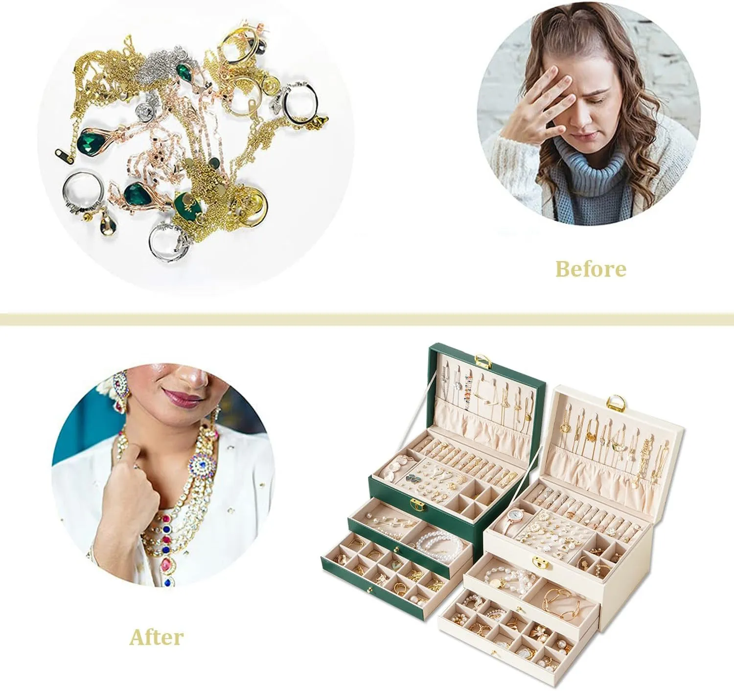 Jewelry Box for Women Girl Wife 3 Layers Large PU Leather Jewelry Organizer Storage Case with Two Layers Display for Earrings Bracelets Rings Watches (Green)