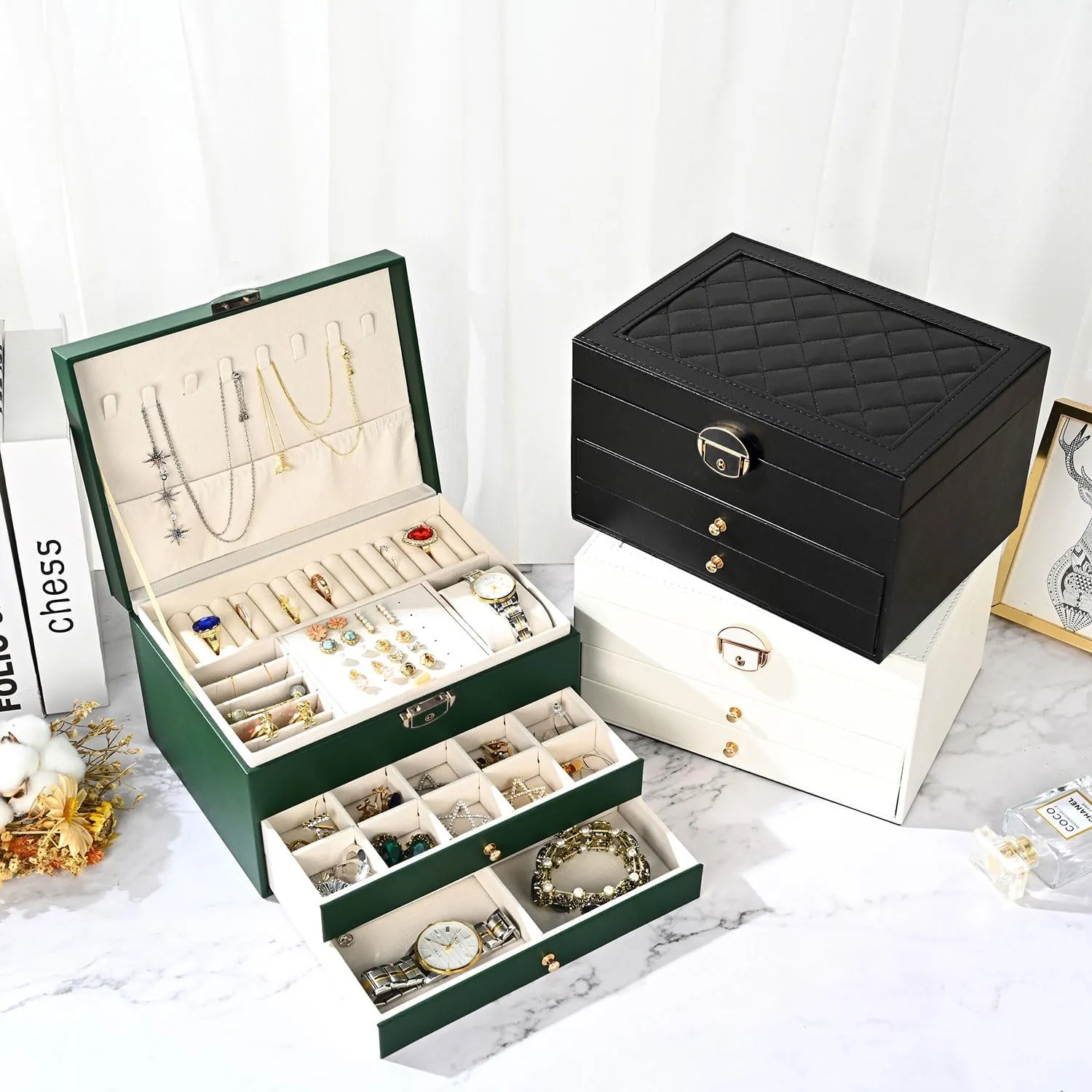 Jewelry Box for Women Girl Wife 3 Layers Large PU Leather Jewelry Organizer Storage Case with Two Layers Display for Earrings Bracelets Rings Watches (Green)