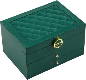 Jewelry Box for Women Girl Wife 3 Layers Large PU Leather Jewelry Organizer Storage Case with Two Layers Display for Earrings Bracelets Rings Watches (Green)