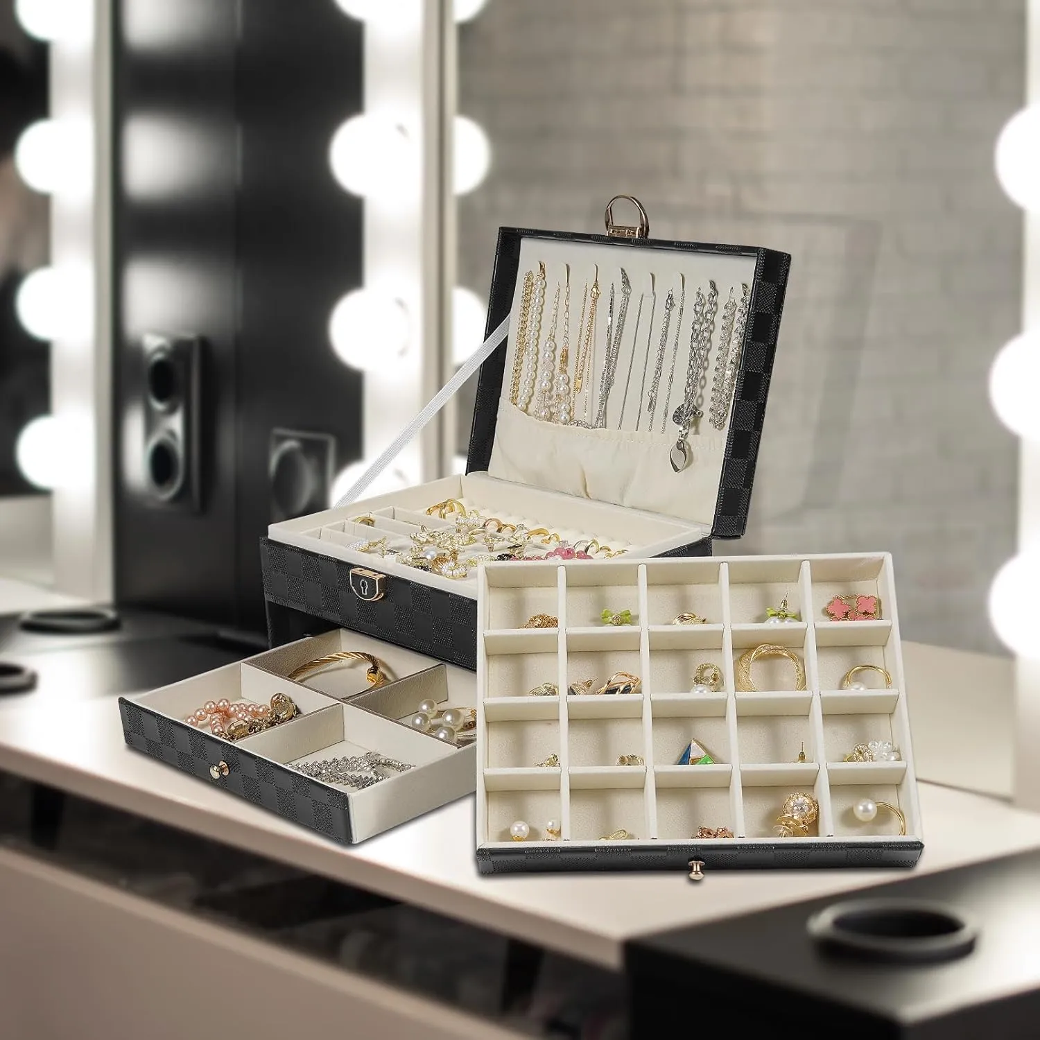 Jewelry Box for Women Girl Wife - Large PU Leather Jewelry Organizer Storage Case with 3 Layers Display for Earrings Bracelets Rings Watches (Checkered Black)