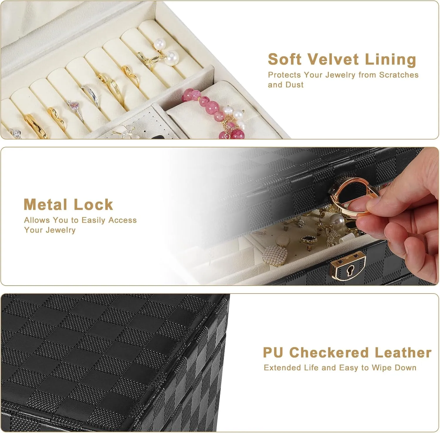 Jewelry Box for Women Girl Wife - Large PU Leather Jewelry Organizer Storage Case with 3 Layers Display for Earrings Bracelets Rings Watches (Checkered Black)